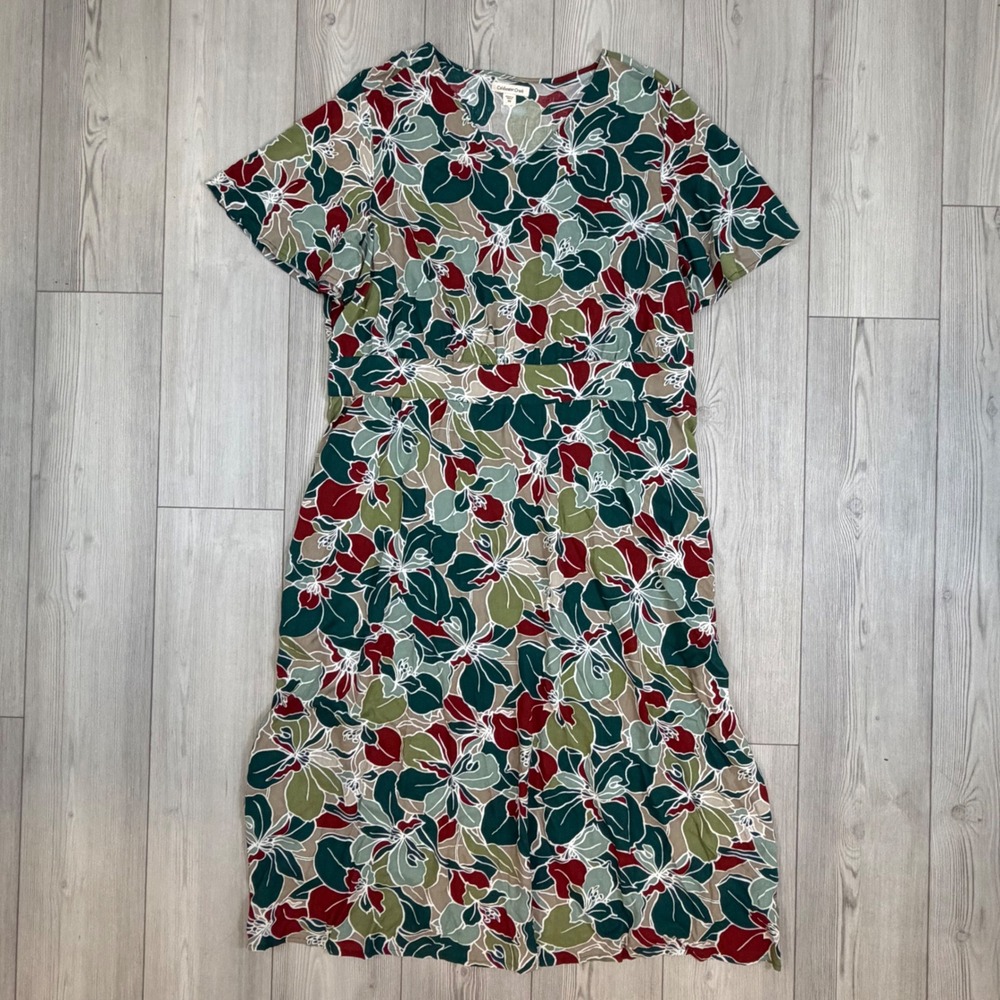 Coldwater Creek Floral Midi Dress Womens 3X Multicolor Rayon Short Sleeve V-Neck